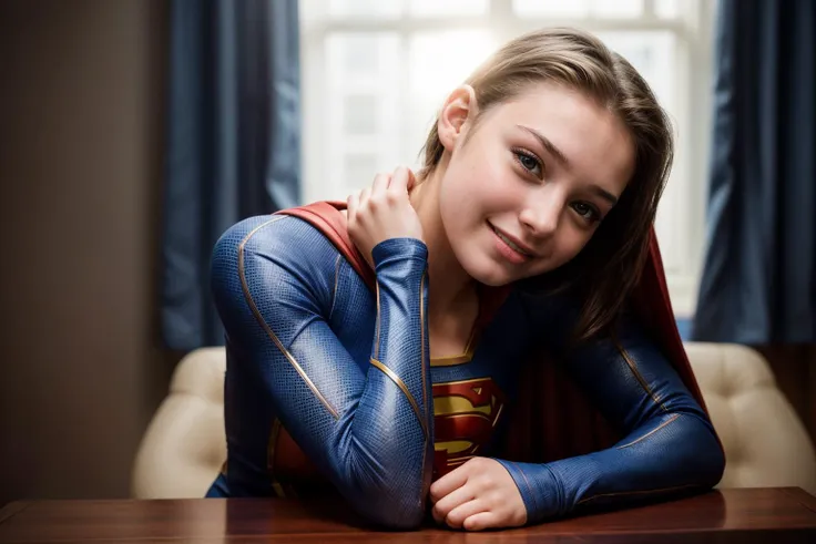 DC movies,photo of a 18 year old girl,supergirl,rest her head and arms on the table,happy,laughing,ray tracing,detail shadow,shot on Fujifilm X-T4,85mm f1.2,depth of field,blurry background,bokeh,motion blur,<lora:add_detail:1>,