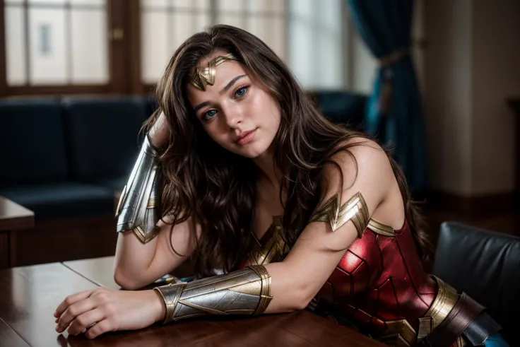 DC s,photo of a 18 year old girl,wonder woman,rest her head and arms on the table,ray tracing,detail shadow,shot on Fujifilm X-T4,85mm f1.2,depth of field,bokeh,motion blur,<lora:add_detail:1>,