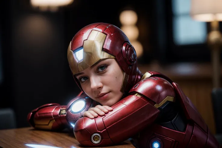 Marvel s,photo of a 18 year old girl,ironman,rest her head and arms on the table,ray tracing,detail shadow,shot on Fujifilm X-T4,85mm f1.2,depth of field,bokeh,motion blur,<lora:add_detail:1>,