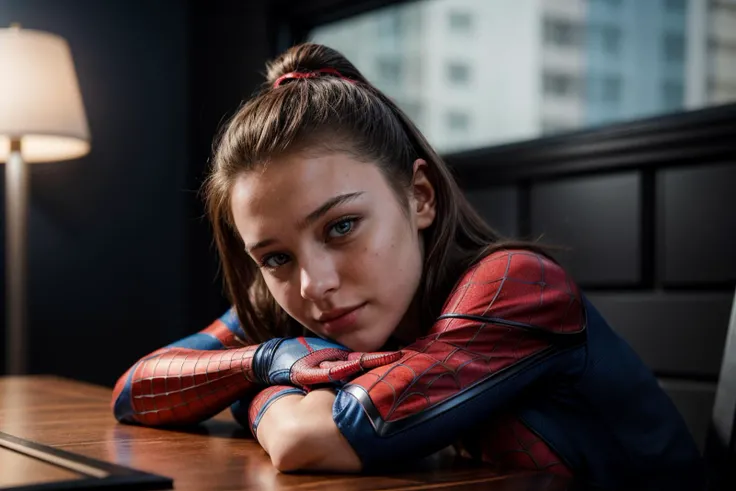 Marvel s,photo of a 18 year old girl,spiderman,rest her head and arms on the table,ray tracing,detail shadow,shot on Fujifilm X-T4,85mm f1.2,depth of field,bokeh,motion blur,<lora:add_detail:1>,