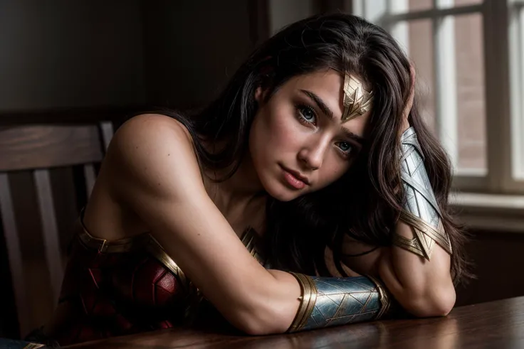 DC s,photo of a 18 year old girl,wonder woman,rest her head and arms on the table,ray tracing,detail shadow,shot on Fujifilm X-T4,85mm f1.2,depth of field,bokeh,motion blur,<lora:add_detail:1>,