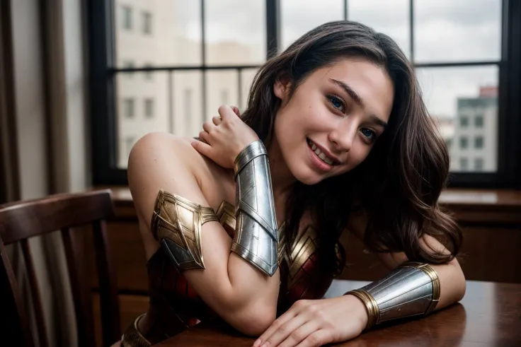 DC s,photo of a 18 year old girl,wonder woman,rest her head and arms on the table,happy,laughing,ray tracing,detail shadow,shot on Fujifilm X-T4,85mm f1.2,depth of field,blurry background,bokeh,motion blur,<lora:add_detail:1>,