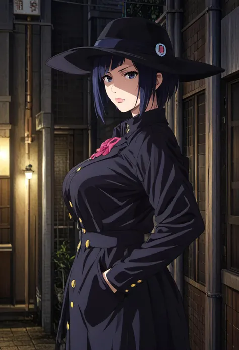 score_9, score_8_up, score_7_up, rating_explicit, source_anime BREAK 1girl, solo, mannen_ranko, short hair, (lipstick:0.8), closed mouth, big breasts, black hat, large hat, fully clothed, overcoat, black coat, long coat, hands in pocket, (looking at viewer:0.8), side view, night, low light, depth of field, ruanyi0730 <lora:sdxl_lightning_8step_lora:1> <lora:Ranko:0.7> <lora:0730 streets and alleys_v1_pony:0.5>