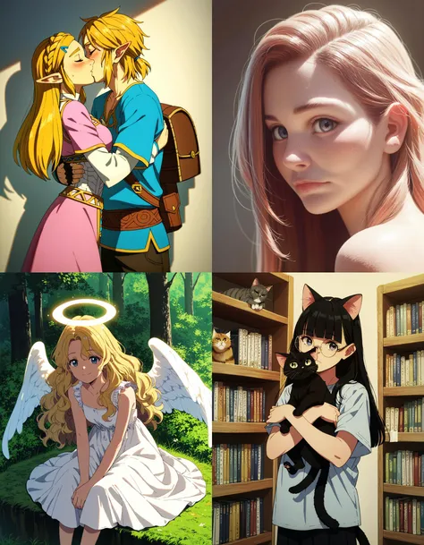 https://civitai.com/articles/5300 ___ All images: score_9, score_8_up, score_7_up ___ 1st image: 1girl, 1boy, Princess_Zelda, \(The_Legend_of_Zelda:_Breath_of_the_Wild\), standing, kiss, hug, closed_eyes ___ 2nd image: 1girl, lovely face, portrait, close-up, looking_at_viewer, closed_mouth ___ 3rd image: 1girl, solo, blonde_hair, wavy_hair, angel, angel_wings, halo, smile, sitting, forest, white_dress ___ 4th Image: 1girl, solo, long_hair, black_hair, blunt_bangs, straight_hair, round_eyewear, cat_girl, cat_ears, cat_tail, standing, hug cat, looking_at_viewer, library