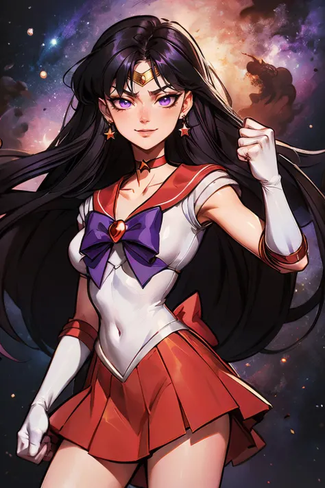 sailormars,long black hair, purple eyes, gold circlet, choker, sailor senshi uniform, purple bow, white elbow gloves, red serafuku, red skirt, elbow gloves, looking at viewer, serious, smirk, fighting pose, fists, space, stars, galaxy, high quality, masterpiece, <lora:Reihino:.8>