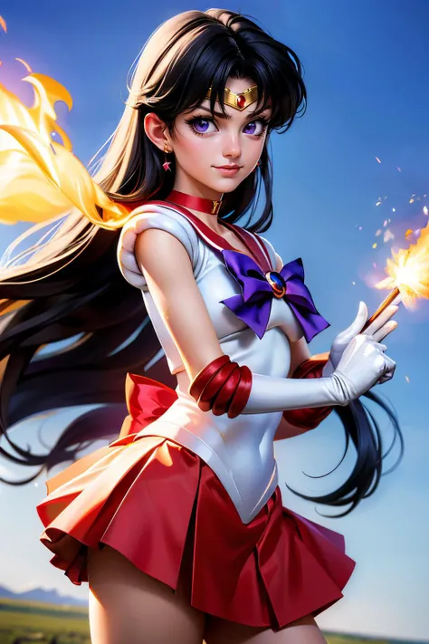sailormars,long black hair, purple eyes, gold circlet, choker, purple bow, white elbow gloves, red sailor senshi uniform, red skirt, elbow gloves, looking at viewer, serious, smirk, medium shot, holding fire spell, fireball, outside, plains, blue sky, high quality, masterpiece, <lora:Reihino:.8>