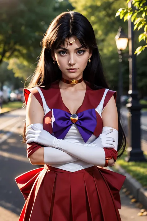 sailormars,long black hair, purple eyes, gold circlet, choker, sailor senshi uniform, purple bow, white elbow gloves, red serafuku, red skirt, elbow gloves, looking at viewer, serious, standing, arms crossed, outside, park, tress, night time, stars, high quality, masterpiece,  <lora:Reihino:.8>