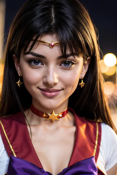 sailormars,long black hair, purple eyes, gold circlet, choker, sailor senshi uniform, purple bow, red serafuku, looking at viewer, smiling, close up, outside, park, night time, stars, high quality, masterpiece, <lora:Reihino:.8>
