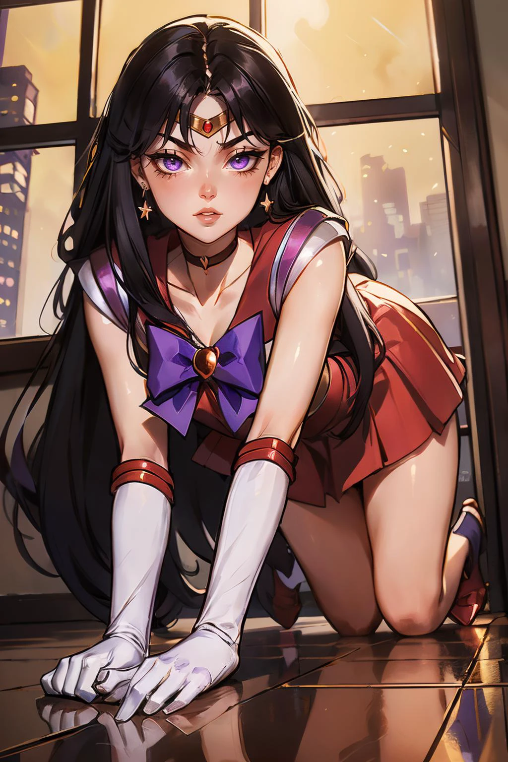 sailormars,long black hair, purple eyes, gold circlet, choker, red sailor senshi uniform, purple bow, white elbow gloves, red skirt, elbow gloves, looking at viewer, serious, parted lips, on all fours, from_below, on floor, inside living room, window, cityscape, high quality, masterpiece, <lora:Reihino:.8>