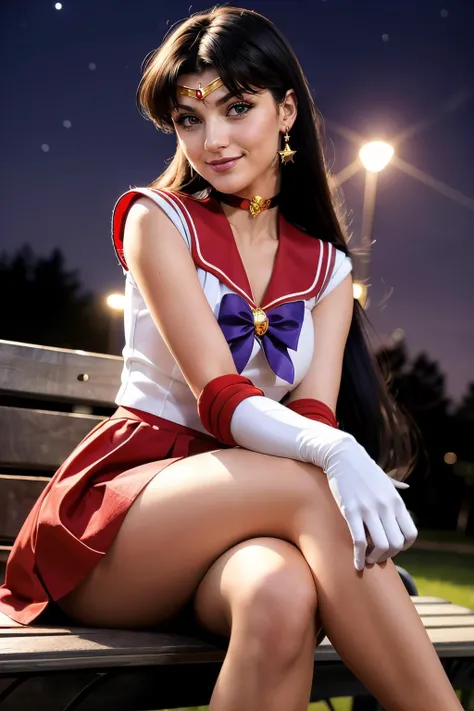 sailormars,long black hair, purple eyes, gold circlet, choker, sailor senshi uniform, purple bow, white elbow gloves, red serafuku, red skirt, elbow gloves, looking at viewer, serious, smirk, sitting, on bench, legs crossed, outside, park, night time, stars, high quality, masterpiece, <lora:Reihino:.8>