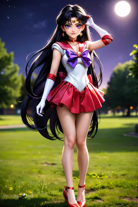1girl, sailor mars, bishoujo senshi sailor moon, elegant detailed eyes, detailed facial features, long eyelashes, beautiful detailed lips, elegant detailed pose, highly detailed, masterpiece, 4k, hyper realistic, photorealistic, cinematic lighting, dynamic composition, intricate details, vibrant colors, soft dreamy atmosphere, magical girl fantasy, full body shot, aamars, long hair, black hair, tiara, earrings, red choker, red sailor collar, purple bowtie, white shirt, elbow gloves, white gloves, pleated skirt, red skirt, bare legs