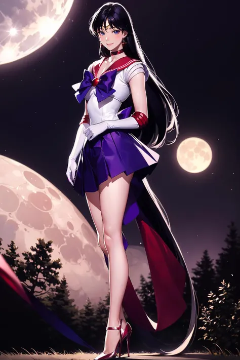 (solo, 1girl), (absurdres, highres, official wallpaper, poster), (masterpiece, best quality:1.2), (illustration, realistic), (perfect details, highest detailed, extreme detailed), dramatic light, <lora:Reihino:0.9>, ReiHino, (sailor mars, neck ribbon, long hair, circlet, jewelry, crescent earrings), (skirt, dress, high heels), (standing), (full moon, forest)