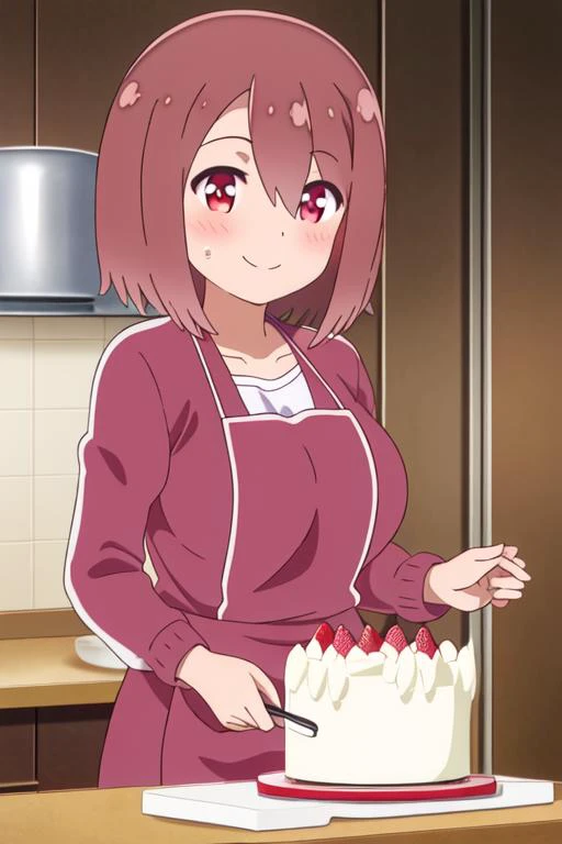 masterpiece, best quality,1girl,ultra detail, miyako_hoshino_watashinitenshigamaiorita <lora:miyako_hoshino_watashinitenshigamaiorita:0.7>,indoor,cooking,cake,kitchen,apron,large breasts,smile,blush