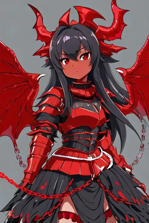 Beautiful, masterpiece, red and blackdragon wings, red eyes, beautiful eyes, black and red scale armor, armored skirt collar leash, chain leash, black skin,