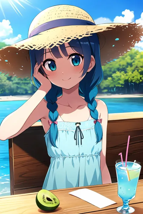 masterpiece, best quality, 1girl, flat chest, outdoors, sitting, blue sky, fruit, sun hat, straw hat, happy, table, drinking glass, water, condensation, ice, drinking straw, teal blue hair, sundress, twin braids, kiwi, hand on table, hand on headwear, ribbon,