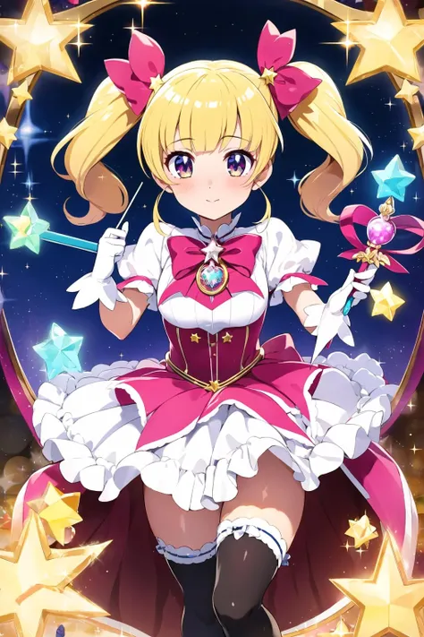 masterpiece, best quality, 1girl, twintails, bangs, magical girl, hair ornament, frills, wand, holding wand, glitter, sparkle, stars, bow, ribbon,