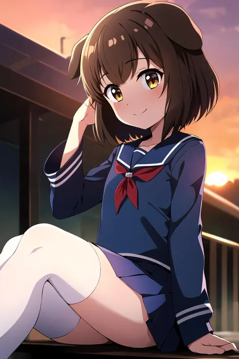 masterpiece, best quality, 1girl, flat chest, outdoors, dog ears, brown hair, yellow eyes, smile, dark blue serafuku, blue skirt, black thighhighs, sitting, gradient hair, long sleeves, evening, sunset, bangs,  short hair, hand in own hair, l0li,