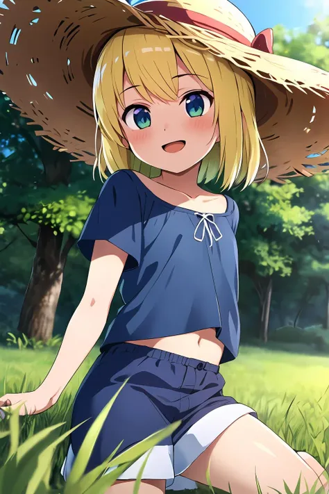 masterpiece, best quality, 1girl, outdoors, happy, grass, flat chest, dark blue shirt, straw hat, blonde hair,