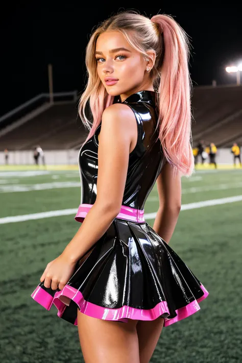 DV_Ducky_Vicious, (21 years old) , (skinny, slim, petite:1.3), long blonde twintail hair, smiling, posing, modern photo, (pleated latex skirt, sleeveless, latex skirt, sleeveless latex shirt, (skintight pink and black latex cheerleader dress)), shiny, slippery, rubbery, oily, glossy, skintight, <lora:Cheerleader_uniform:0.5>, <lora:anotherlatexlorav2:0.5>, (cowboy shot:1.3), (35mm, F/2.8) Photo Focus, DOF, Aperture, insanely detailed and intricate, character, hypermaximalist, beautiful, revealing, appealing, attractive, amative, hyper realistic, super detailed, beautiful woman, ((detailed eyes)), long eyelashes, (glossy lips), at the football field