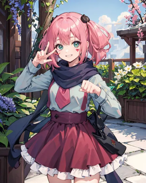 1girl,shichimiya satone, <lora:ShichimiyaSatone:0.8>,garden,light smile,flower,outdoors,wisteria, rose, cowboy shot, heart facial mark, paw pose,