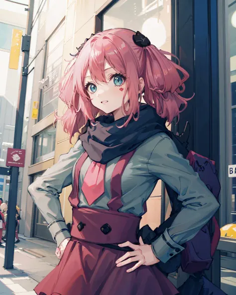 1girl,shichimiya satone, <lora:ShichimiyaSatone:1>,standing,outdoors,   upper body, heart,hand on hip, shibuya \(tokyo\),