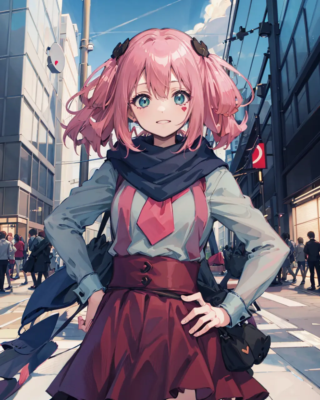 1girl,shichimiya satone, <lora:ShichimiyaSatone:1>,standing,outdoors, upper body, heart,hand on hip, shibuya \(tokyo\),