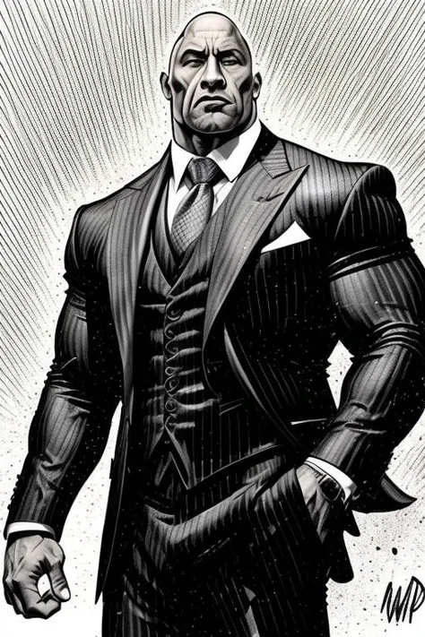 monochrome drawing Dwayne "The Rock" Johnson as a billionaire mobster in a fine tailored pinstripe suit by WoD1 <hypernet:WoD1:1>