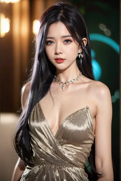 masterpiece, best quality, 1girl, aqua eyes, black hair, closed mouth, multicolored background, looking at viewer, outdoors, solo, upper body, alluring, clean, beautiful face, pure face, pale skin, sexy pose,((luxury dress, breasts slit)), long hair, ((perfect female figure)), mature female, milf, narrow waist, chinese deity, seductive, highly detailed , highres, original, extremely detailed 8K, wallpaper, illustration, beautifully detailed eyes, cinematic lighting, earrings, jewelry,