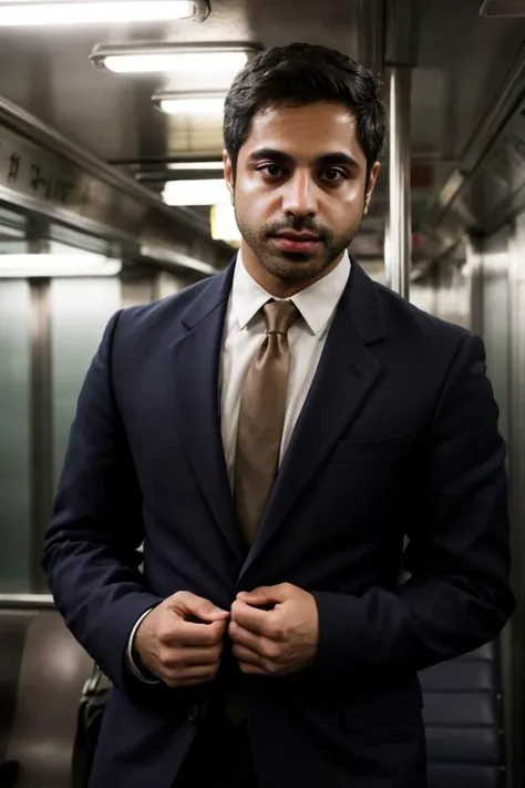 <lora:rs-SatyaBhabhaLora-06:0.8>SatyaBhabha, wearing a suit and tie, on the subway, stubble, cinematic lighting