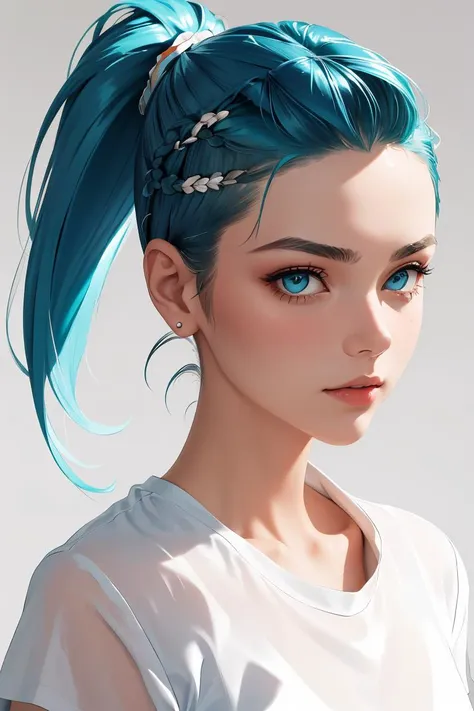 (masterpiece, best quality), 1girl, Aquamarine Slicked-Back Undercut with Side Part, Size E breasts, <lora:PajamasChallenge:1> IncrsPajChal, multiple views, shirt, white shirt