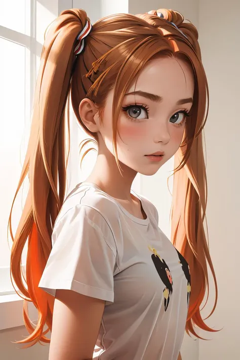 (masterpiece, best quality), 1girl, Chestnut Blonde High Pigtails with Colored Hair Ties, tiny breasts, <lora:PajamasChallenge:1> IncrsPajChal, multiple views, shirt, white shirt