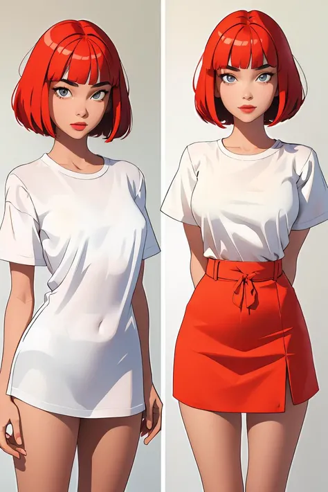 (masterpiece, best quality), 1girl, Terracotta Bob Cut, Sizes I to L breasts, <lora:PajamasChallenge:1> IncrsPajChal, multiple views, shirt, white shirt