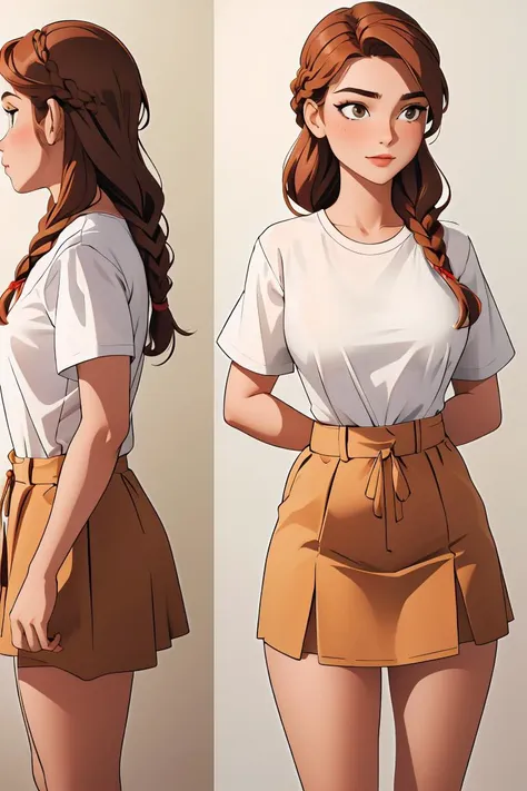 (masterpiece, best quality), 1girl, Light Brown Dutch Fishtail Braids, Size F breasts, <lora:PajamasChallenge:1> IncrsPajChal, multiple views, shirt, white shirt