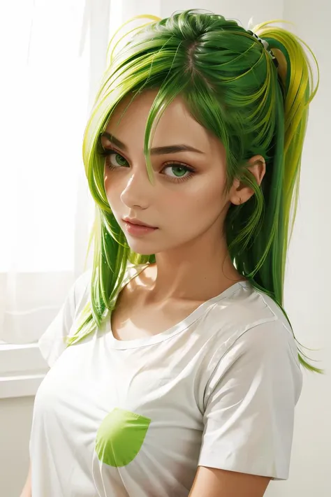 (masterpiece, best quality), 1girl, Lime green Messy Comb-Over with, small breasts, <lora:PajamasChallenge:1> IncrsPajChal, multiple views, shirt, white shirt