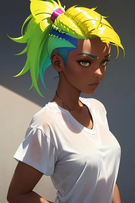 (masterpiece, best quality), 1girl, Neon Yellow Faux Hawk with Skin Fade, Size G breasts, <lora:PajamasChallenge:1> IncrsPajChal, multiple views, shirt, white shirt