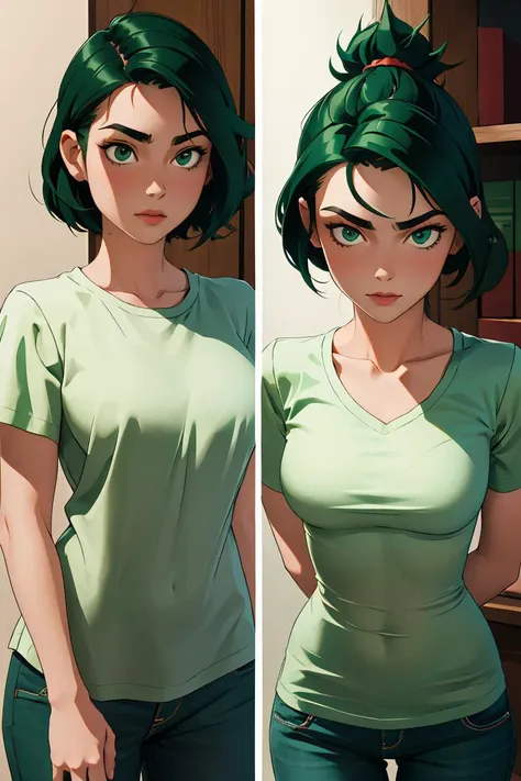 (masterpiece, best quality), 1girl, Dark Green Textured Spiky Hair with Low Fade, medium breasts, <lora:PajamasChallenge:1> IncrsPajChal, multiple views, shirt, white shirt