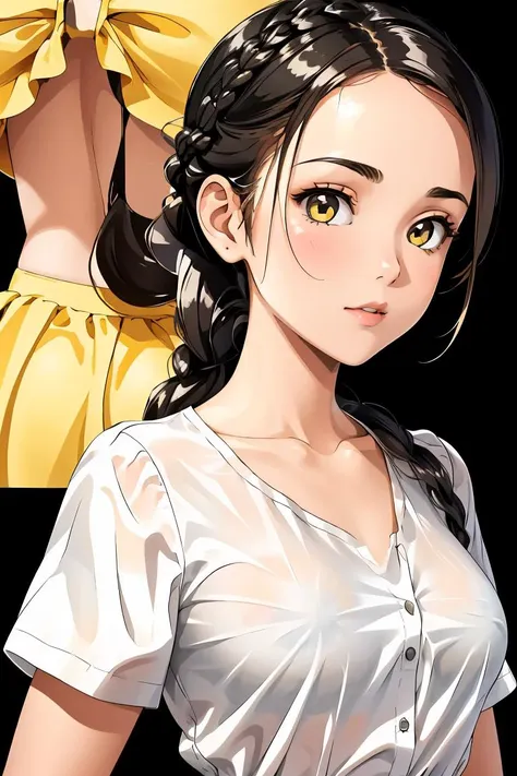 (masterpiece, best quality), 1girl, Canary yellow Classic French Braid, tiny breasts, <lora:PajamasChallenge:1> IncrsPajChal, multiple views, shirt, white shirt