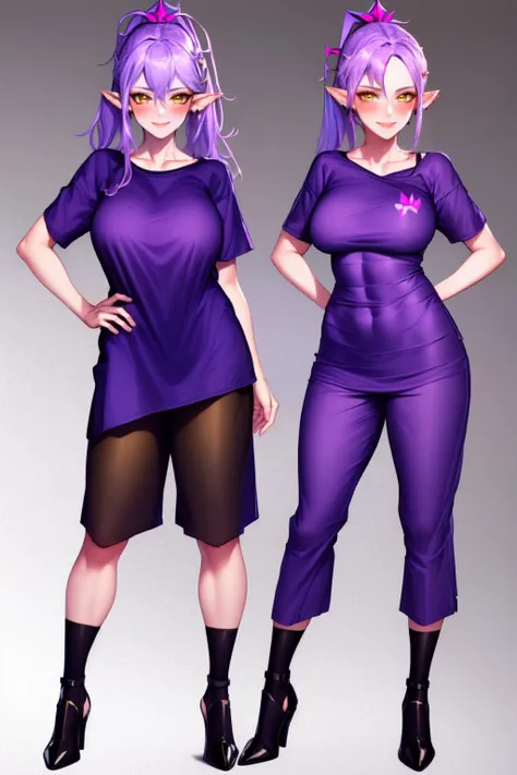 2 girls, fullbody, IncrsPajChal, multiple views, shirt, only purple shirt, matching clothes, naked legs, partially nude, no clothes, (large purple shirt:1.2), abs, smile, blush, pointy ears, detailed hands, pointy chin, medium breasts, purple hair, ponytail, (yellow eyes), <lora:PajamasChallenge:1> <lora:amity_timeskip:0.8> , masterpiece, high detail,