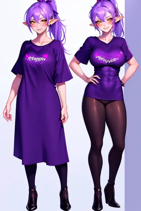 2 girls, fullbody, IncrsPajChal, multiple views, shirt, only purple shirt, matching clothes, naked legs, nude, (large purple shirt:1.2), abs, smile, blush, pointy ears, detailed hands, pointy chin, medium breasts, purple hair, ponytail, (yellow eyes), <lora:PajamasChallenge:1> <lora:amity_timeskip:0.8> , masterpiece, high detail,