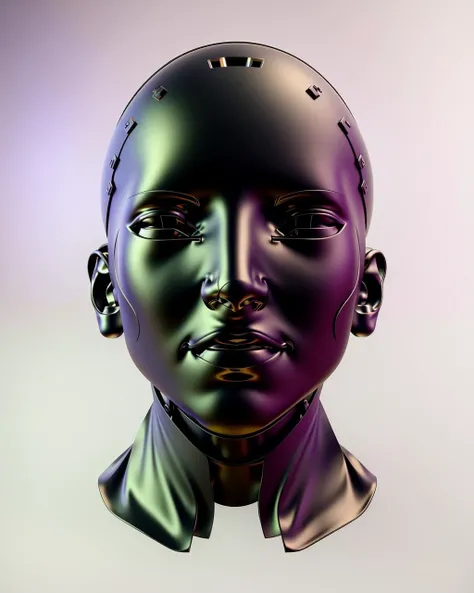 a robot with a futuristic head and a hand up to the side of it's face, with a purple background and a black background , c4d, blender, unreal engine 5, render 3d