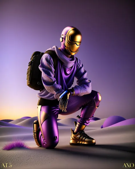 a man with a purple mask and a purple shirt is kneeling down and holding a purple glove in his hand and a purple sky behind him , c4d, blender, unreal engine 5, render 3d