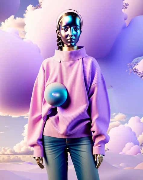 a woman in a pink sweater and jeans holding a blue object in her hand and a pink background with clouds and a blue bird in the sky , c4d, blender, unreal engine 5, render 3d