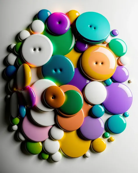 a bunch of colorful buttons on a white surface , c4d, blender, unreal engine 5, render 3d