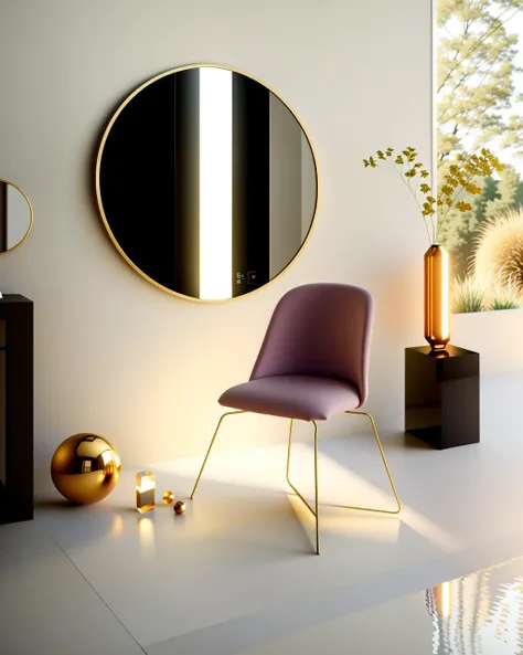 a person sitting on a chair in a room with flowers and a mirror on the wall behind them and a chair with a flower on the ground , c4d, blender, unreal engine 5, render 3d