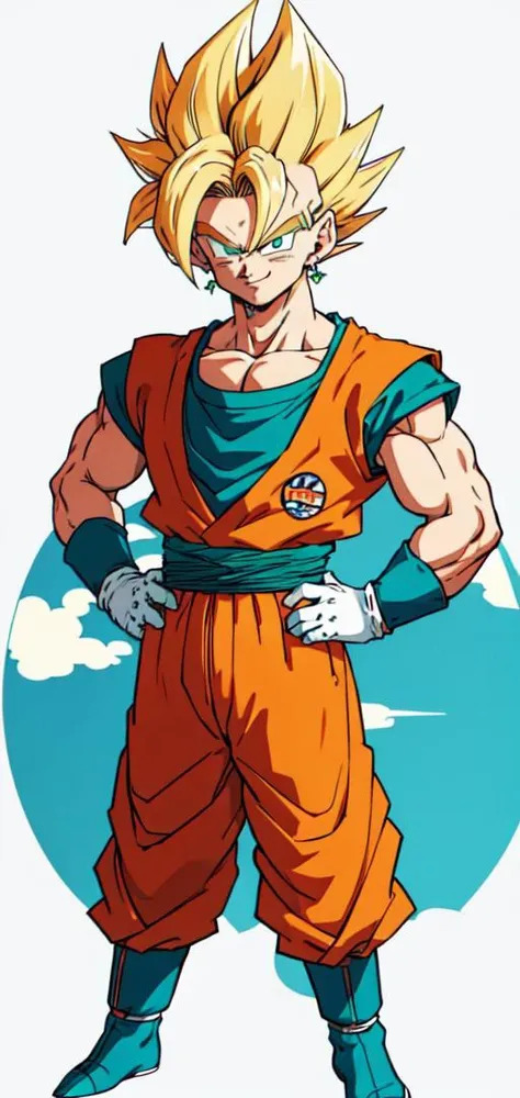 (masterpiece, best quality:1.2), in the style of toriyama akira, solo, male focus, 1boy, vegetto, no tail, white background, earrings, hands on hips, blonde hair, spiked hair, smile, looking at viewer, perfect green eyes, blue and orange dougi, white gloves, pectorals, tail,  <lora:db_vegetto:0.5>,  <lora:toriyama_akira_3:0.5>
