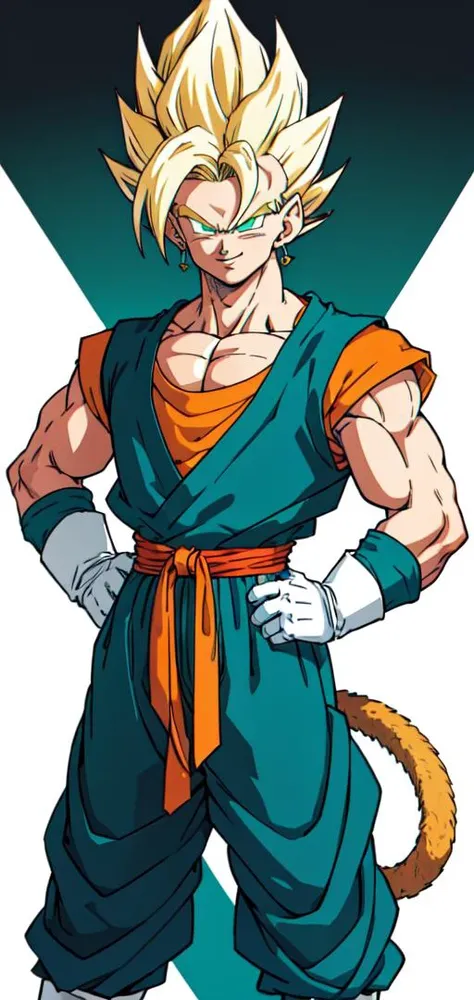 (masterpiece, best quality:1.2), in the style of toriyama akira, solo, male focus, 1boy, vegetto, no tail, white background, earrings, hands on hips, blonde hair, spiked hair, smile, looking at viewer, perfect green eyes, dougi, white gloves, pectorals, tail, <lora:db_vegetto:0.5>, <lora:toriyama_akira_3:0.5>