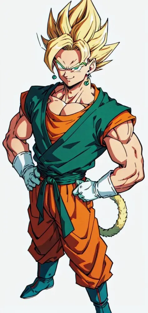 (masterpiece, best quality:1.2), in the style of toriyama akira, solo, male focus, 1boy, vegetto, no tail, white background, earrings, hands on hips, blonde hair, spiked hair, smile, looking at viewer, perfect green eyes, dougi, white gloves, pectorals, tail, <lora:db_vegetto:0.5>, <lora:toriyama_akira_3:0.5>