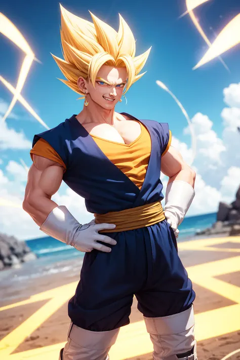 (masterpiece, best quality:1.2), <lora:db_vegetto-10:0.7>, <lora:lightningvfxCreateMore_v1:0.2>, solo, male focus, 1girl, vegetto, super saiyan, grin, looking at viewer, hands on hip, flying, floating, blonde hair, spiked hair, blue eyes, dougi, white boots, white gloves, pectorals, tail, surrounded by yellow lightning <lora:vegettoDragonBallZ_v10:0.7>street,