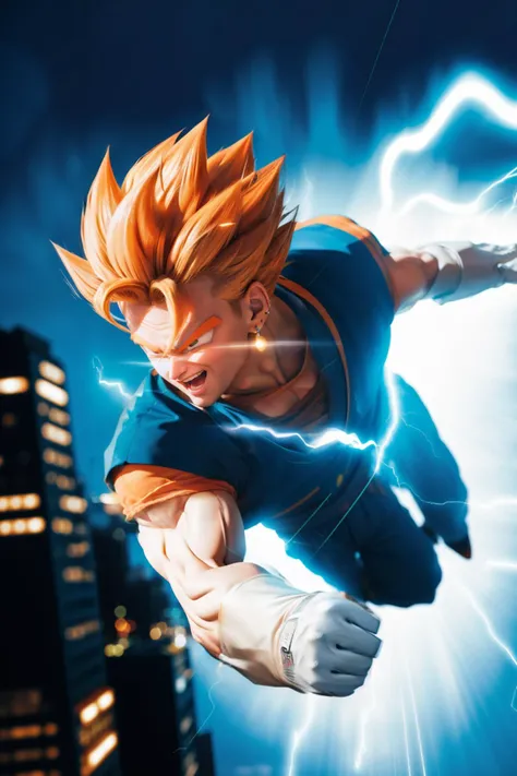 <lora:Fly-10:0.4> fly, 1boy, floating, solo, mid air, city, building, cityscape, <lora:vegettoDragonBallZ_v10:0.5> vegetto, blonde spiked hair, jewelry, earrings, blue and orange dougi, white glove, (((realistic))), <lora:Superspeed_running-10:0.3> superspeed, lighting, ((motion blur)), (electricity), from side, incoming , speed lines, emphasis lines
