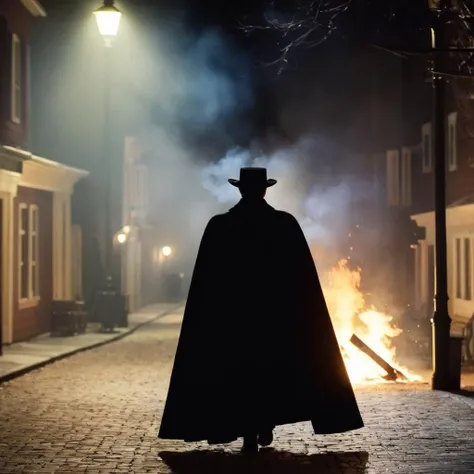 cinematic film still of <lora:Kodak Motion Picture Film Style v4:1>
18th century 1800's An award winning landscape dramatic horror movie for Best Cinematography a wide shot of a silhouette person in a cape walking through a burning town in a dark night with warm fire light 3200K Kodak Motion Picture Film Style, shallow depth of field, vignette, highly detailed, high budget, bokeh, cinemascope, moody, epic, gorgeous, film grain, grainy